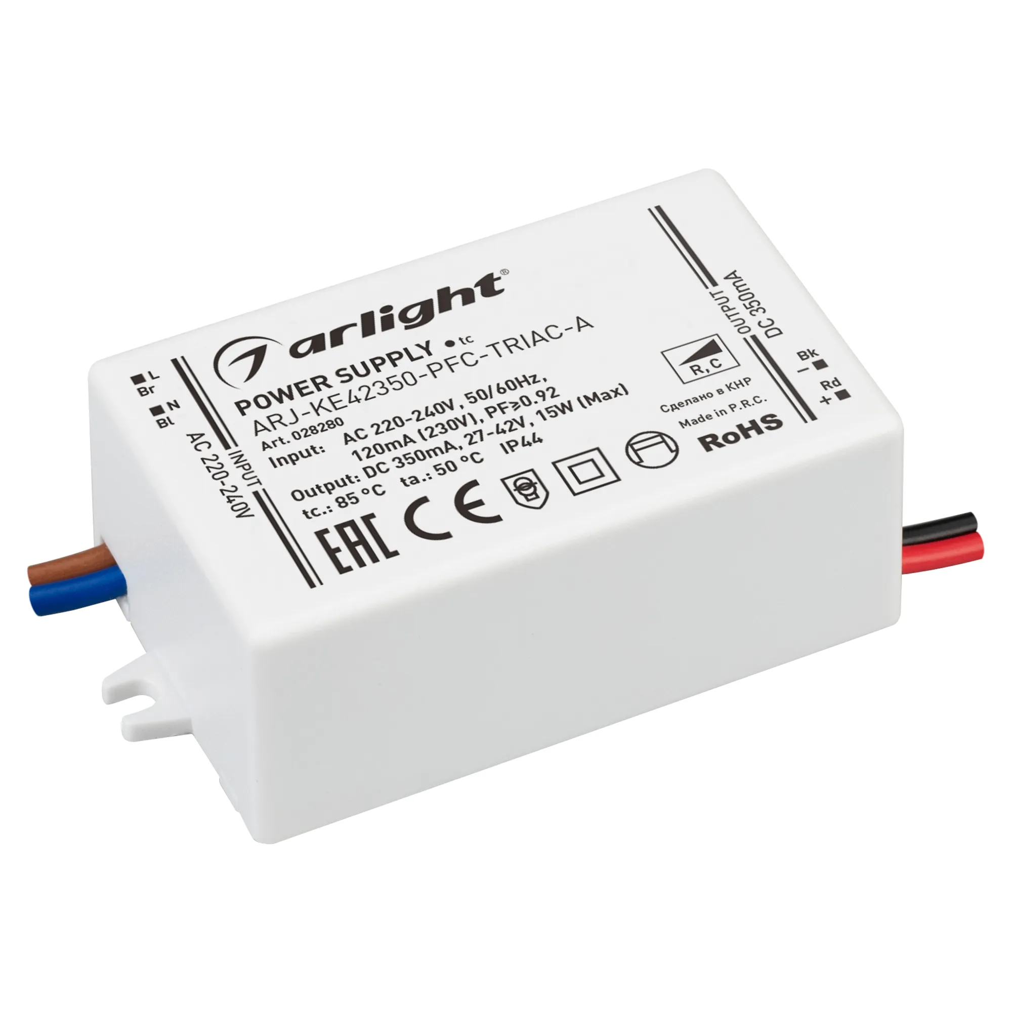 Блок питания ARJ-KE42350-PFC-TRIAC-A (15W, 350mA) (Arlight, IP44 Пластик, 5 лет) - изображение товара