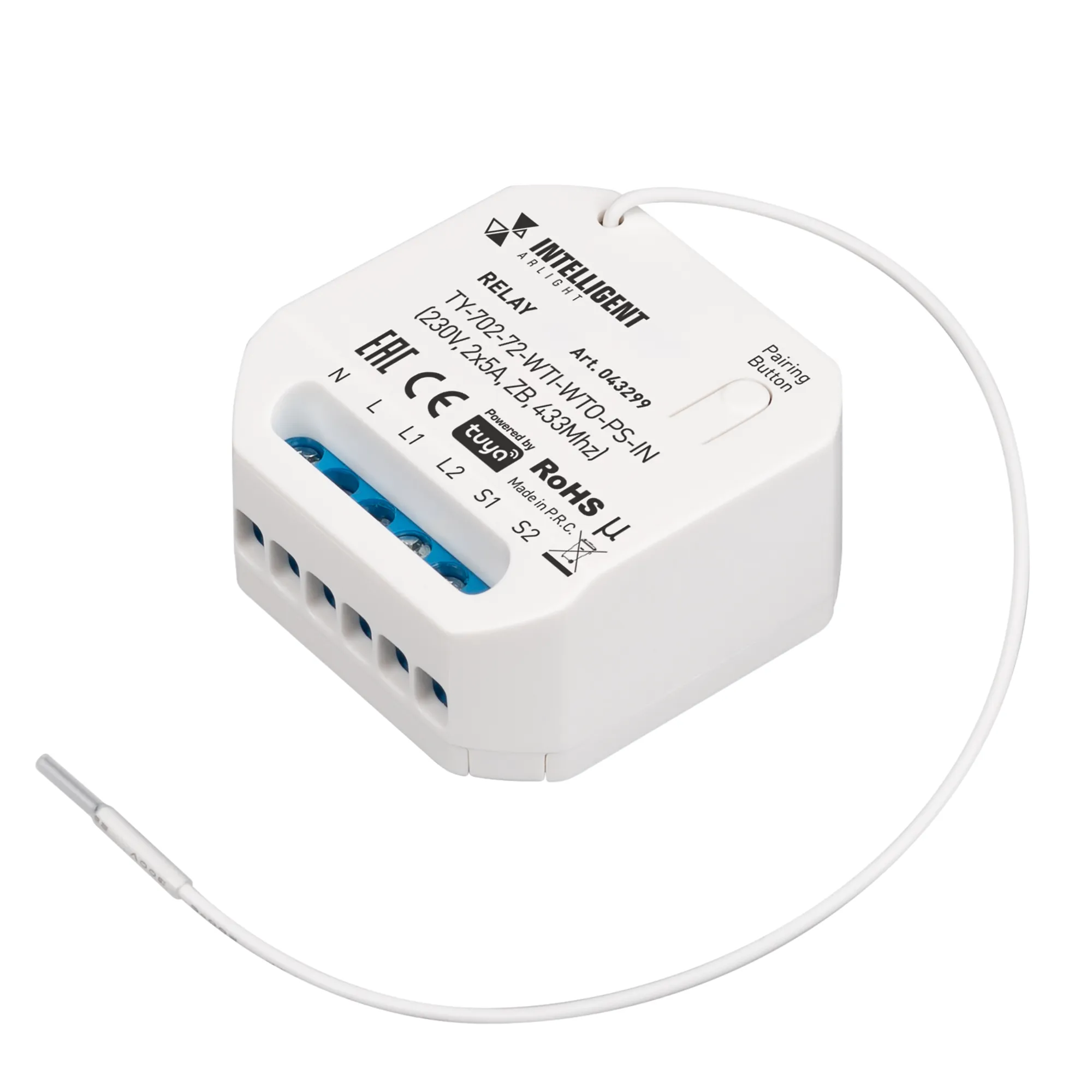 INTELLIGENT ARLIGHT Релейный модуль TY-702-72-WTI-WTO-PS-IN (230V, 2x5A, ZB, 433Mhz) (IARL, IP20 Пластик, 3 года)